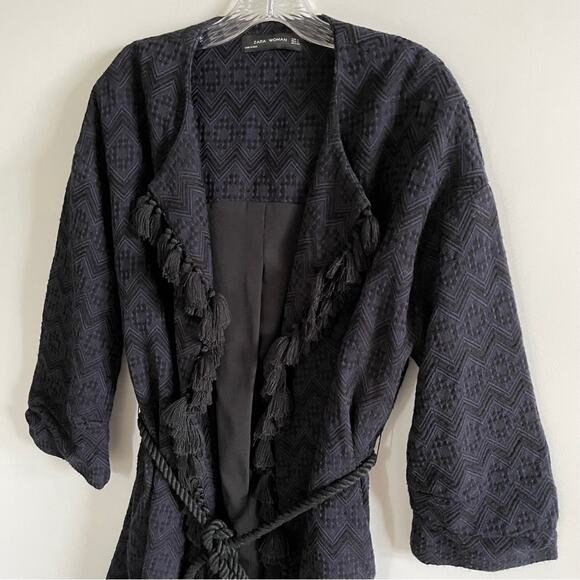 Zara Navy Jacquard Fringe Tassel Kimono Jacket - Picture 6 of 10